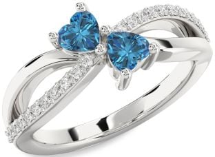 Blue Diamond Silver Two Heart Ring