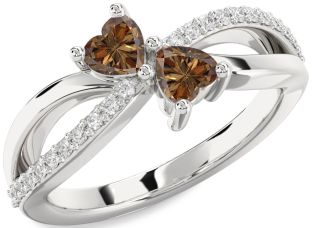 Chocolate Brown Diamond Silver Two Heart Ring