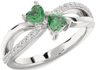 Diamond Emerald Silver Two Heart Birthstone Ring