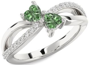 Green Diamond Silver Two Heart Ring