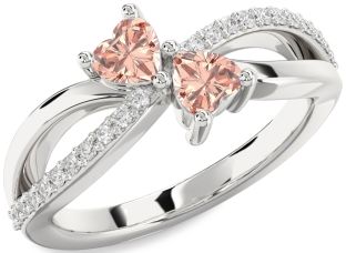 Diamond Morganite Silver Two Heart Ring