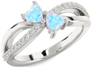 Diamond Emerald Silver Two Heart Birthstone Ring