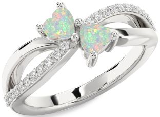 Diamond Emerald Silver Two Heart Birthstone Ring