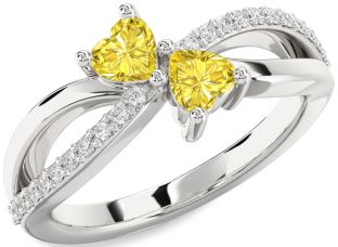 Yellow Diamond Silver Two Heart Ring