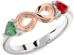 Emerald Platinum & Rose Gold Infinity Two Heart Birthstone Ring