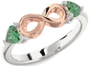 Emerald White Rose Gold Infinity Two Heart Birthstone Ring