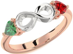 Emerald Platinum & Rose Gold Infinity Two Heart Birthstone Ring