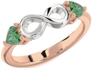 Emerald White Rose Gold Infinity Two Heart Birthstone Ring