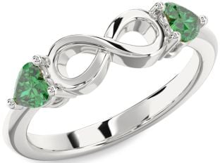Emerald Silver Infinity Two Heart Birthstone Ring