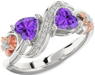 Diamond Emerald Platinum & Rose Gold Infinity Two Heart Birthstone Ring