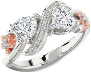 Diamond Silver & 10K Rose Gold Infinity Flower Two Heart Ring