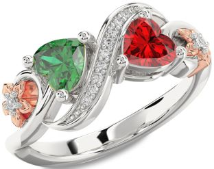 Diamond Emerald White Rose Gold Infinity Two Heart Birthstone Ring