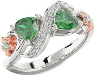 Diamond Emerald Platinum & Rose Gold Infinity Two Heart Birthstone Ring