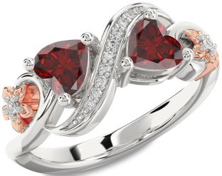 Diamond Emerald Platinum & Rose Gold Infinity Two Heart Birthstone Ring