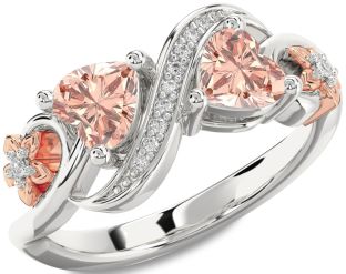 Diamond Emerald Platinum & Rose Gold Infinity Two Heart Birthstone Ring