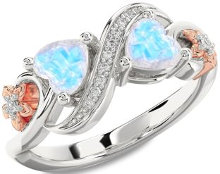 Diamond Emerald Platinum & Rose Gold Infinity Two Heart Birthstone Ring