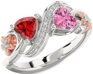 Diamond Emerald Platinum & Rose Gold Infinity Two Heart Birthstone Ring