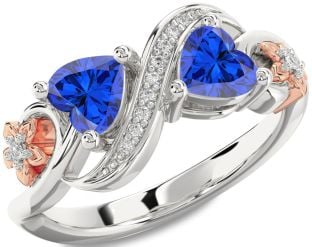 Diamond Emerald Platinum & Rose Gold Infinity Two Heart Birthstone Ring