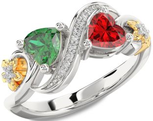 Diamond Emerald White Yellow Gold Infinity Two Heart Birthstone Ring