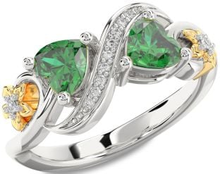 Diamond Emerald Platinum & Yellow Gold Infinity Two Heart Birthstone Ring