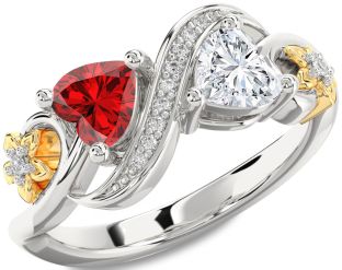 Diamond Emerald White Yellow Gold Infinity Two Heart Birthstone Ring
