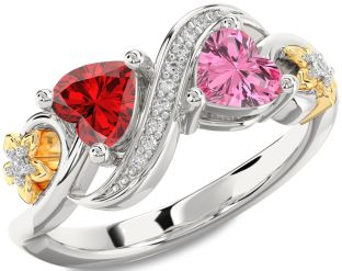 Diamond Emerald Platinum & Yellow Gold Infinity Two Heart Birthstone Ring