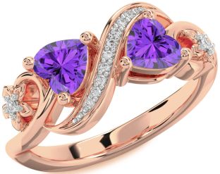 Diamond Emerald Rose Gold Infinity Two Heart Birthstone Ring