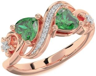 Diamond Emerald Rose Gold Infinity Two Heart Birthstone Ring