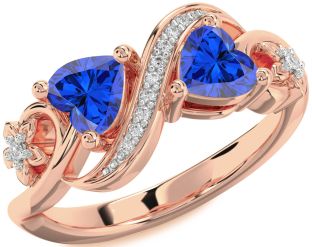 Diamond Emerald Rose Gold Infinity Two Heart Birthstone Ring