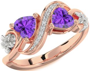 Diamond Emerald Platinum & Rose Gold Infinity Two Heart Birthstone Ring