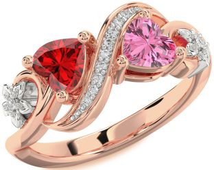 Diamond Emerald Platinum & Rose Gold Infinity Two Heart Birthstone Ring