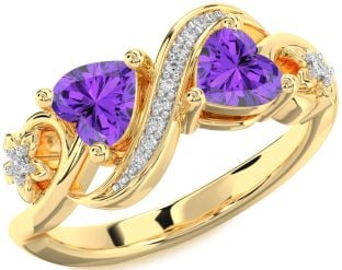 Diamond Emerald Gold Infinity Two Heart Birthstone Ring