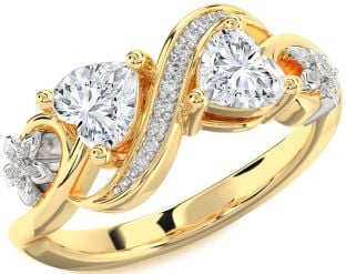 Diamond White Yellow Gold Infinity Flower Two Heart Ring