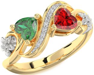 Diamond Emerald White Yellow Gold Infinity Two Heart Birthstone Ring