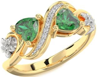 Diamond Emerald Platinum & Yellow Gold Infinity Two Heart Birthstone Ring