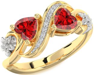 Diamond Emerald White Yellow Gold Infinity Two Heart Birthstone Ring