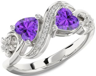 Diamond Emerald Silver Infinity Two Heart Birthstone Ring