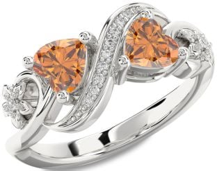 Diamond Emerald Platinum Infinity Two Heart Birthstone Ring