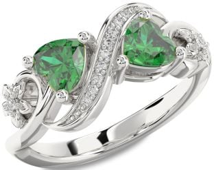 Diamond Emerald Silver Infinity Two Heart Birthstone Ring