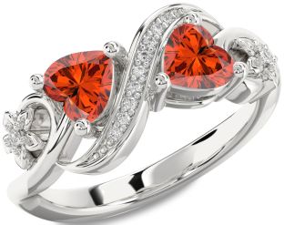 Diamond Emerald White Gold Infinity Two Heart Birthstone Ring