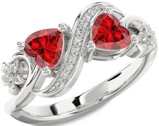 Diamond Emerald Silver Infinity Two Heart Birthstone Ring