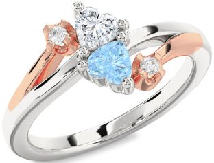 Diamond Rose Gold Silver Two Heart Promise Ring