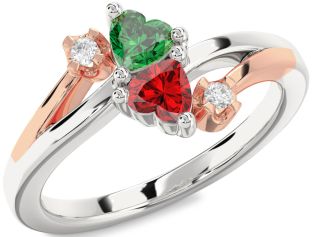 Diamond Emerald Silver & 10K Rose Gold Two Heart Birthstone Ring