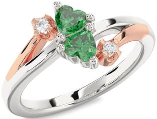 Diamond Emerald White Rose Gold Two Heart Birthstone Ring
