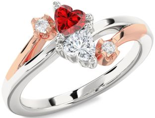 Diamond Emerald Silver & 10K Rose Gold Two Heart Birthstone Ring