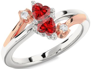 Diamond Emerald Silver & 10K Rose Gold Two Heart Birthstone Ring