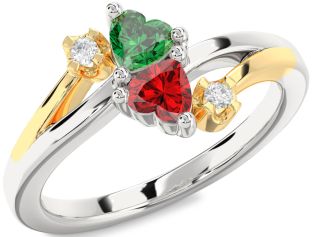 Diamond Emerald Silver & 10K gold Two Heart Birthstone Ring