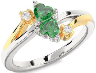 Diamond Emerald Silver & 10K gold Two Heart Birthstone Ring