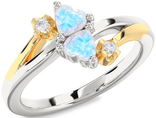 Diamond Moonstone Gold Silver Two Heart Ring