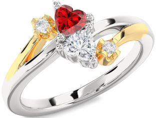 Diamond Emerald Silver & 10K gold Two Heart Birthstone Ring